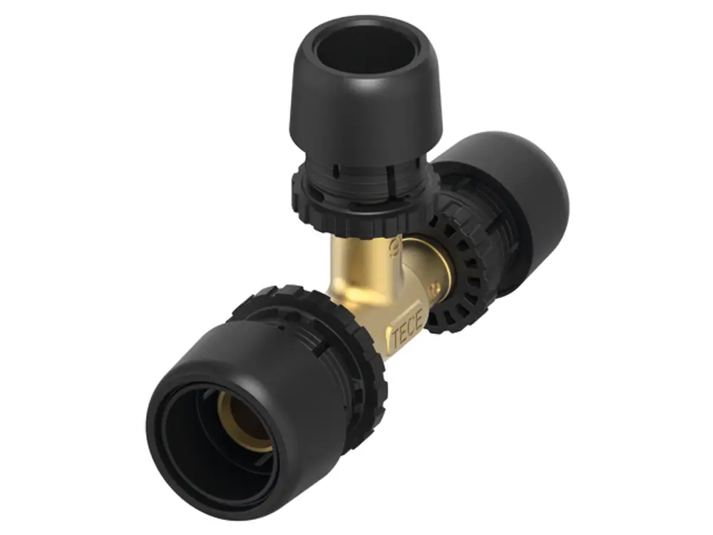 TECE-Fittings, T-Stück mit reduzierten Anschlüssen, gefertigt aus Siliziumbronze. Zwei schwarze Anschlusskappen und ein mittlerer Anschluss sichtbar.